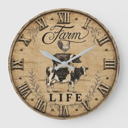 Farm Life Rustic Vintage Farm Animals Farmhouse ラージ壁時計 (正面)