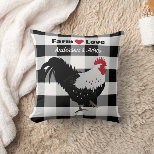 Farm Love Custom Rooster Black White Check クッション (ブランケット)