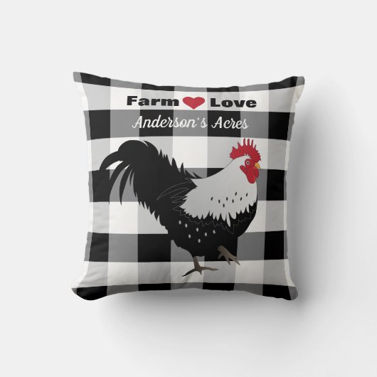 Farm Love Custom Rooster Black White Check クッション (正面)