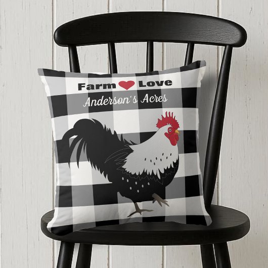 Farm Love Custom Rooster Black White Check クッション