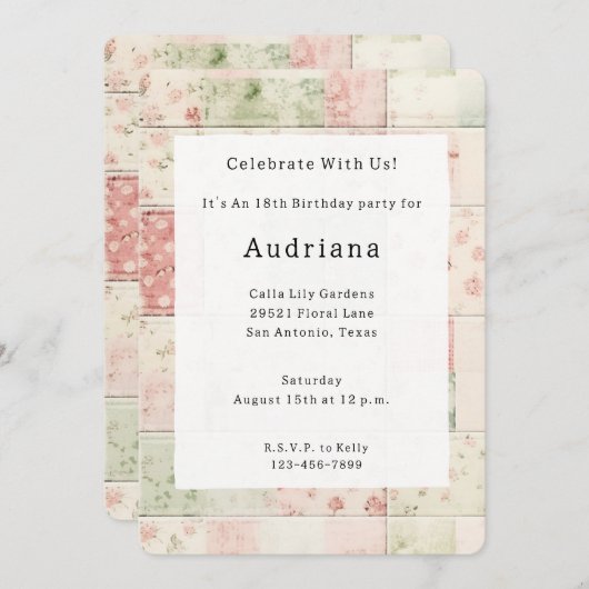 Farm Mint Pink Floral Quilt Patterns Birthday 招待状 (正面/裏面)