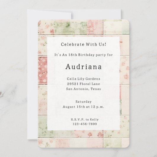 Farm Mint Pink Floral Quilt Patterns Birthday 招待状 (正面)