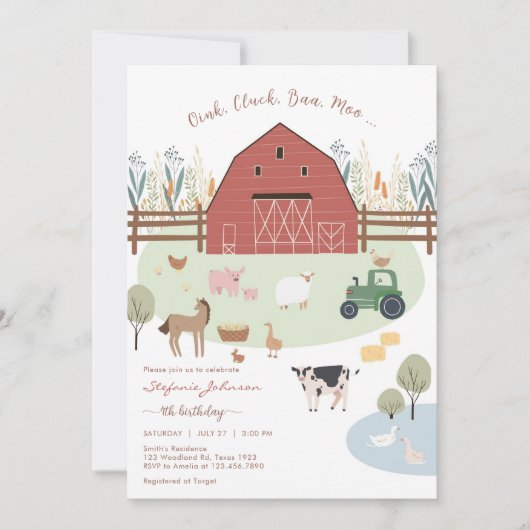 Farm Party Animals Kids Birthday Invitation 招待状 (正面)