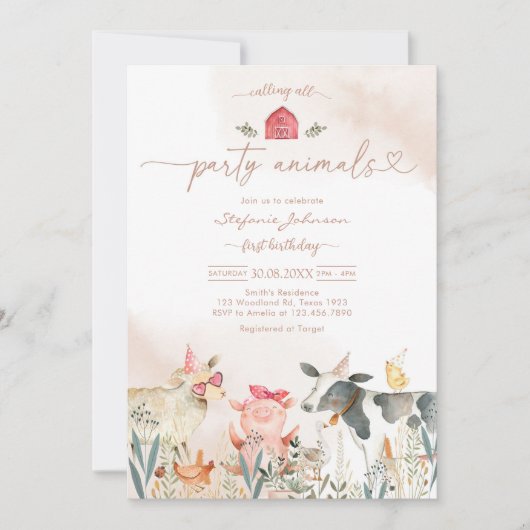 Farm Party Animals Kids Birthday Invitation 招待状 (正面)
