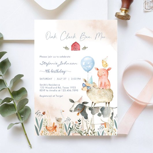 Farm Party Animals Kids Birthday Invitation 招待状