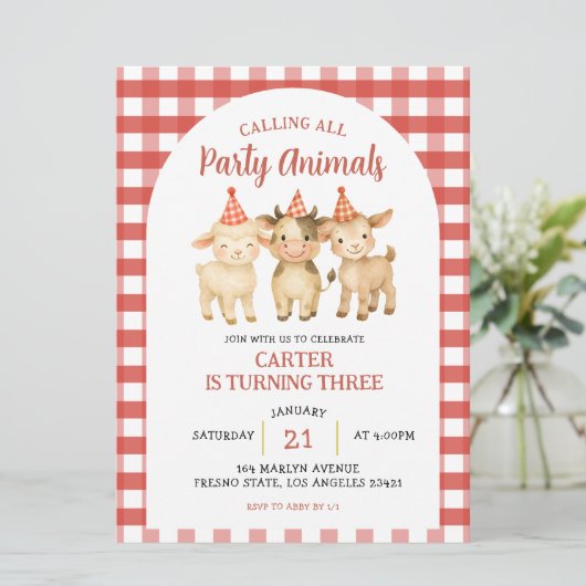 Farm Party Calling All Party Animals Birthday 招待状 (スタンド正面)