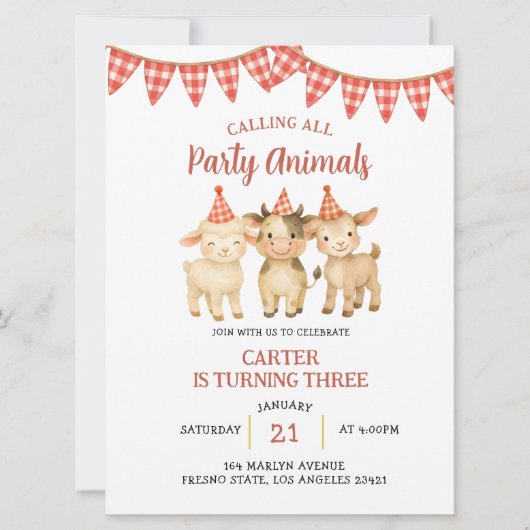 Farm Party Calling All Party Animals Birthday  招待状 (正面)