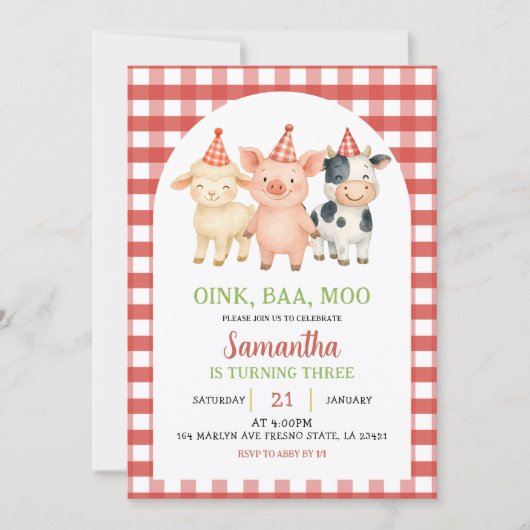 Farm Party Gingham Birthday Invitation 招待状 (正面)