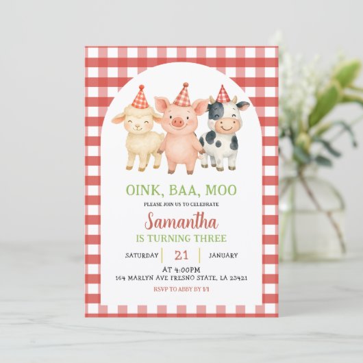 Farm Party Gingham Birthday Invitation 招待状 (スタンド正面)