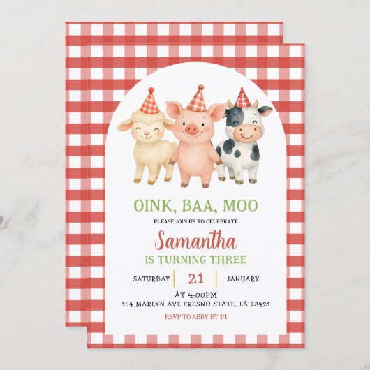 Farm Party Gingham Birthday Invitation 招待状 (正面/裏面)