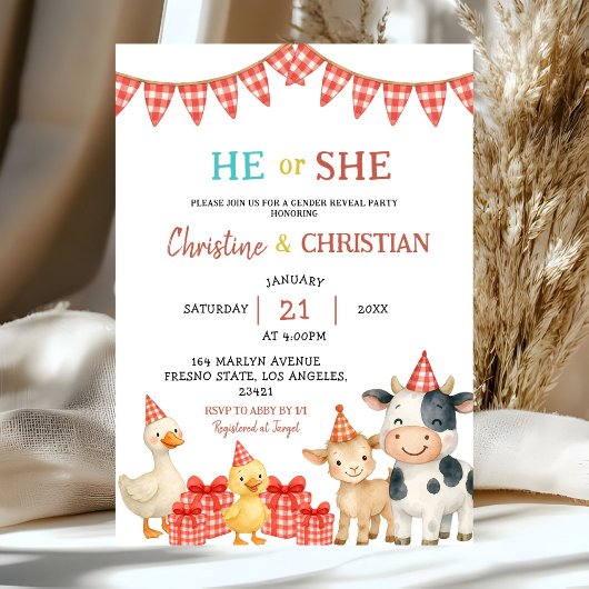 Farm Party He or She Gender Reveal Invitation 招待状