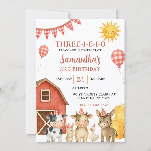 Farm Party Three-i-e-i-o Birthday Invitation 招待状 (正面)