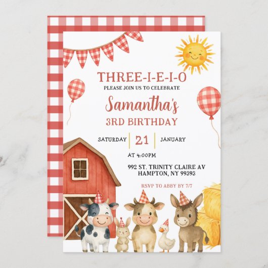 Farm Party Three-i-e-i-o Birthday Invitation 招待状 (正面/裏面)