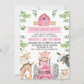 Farm Pink Tractor Oink Baa Moo 2nd Birthday 招待状 (正面)