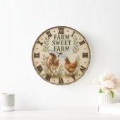 Farm Sweet Farm Rustic Farm Animals Farmhouse ラージ壁時計 (ホーム)