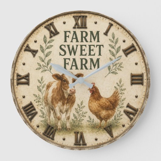 Farm Sweet Farm Rustic Farm Animals Farmhouse ラージ壁時計 (正面)