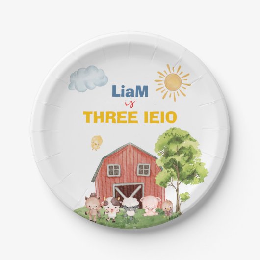Farm Three I-E-I-O 3歳の誕生日 ペーパープレート (正面)