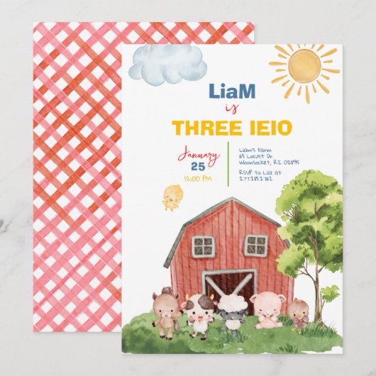 Farm Three I-E-I-O 3rd Birthday Invitation 招待状 (正面/裏面)