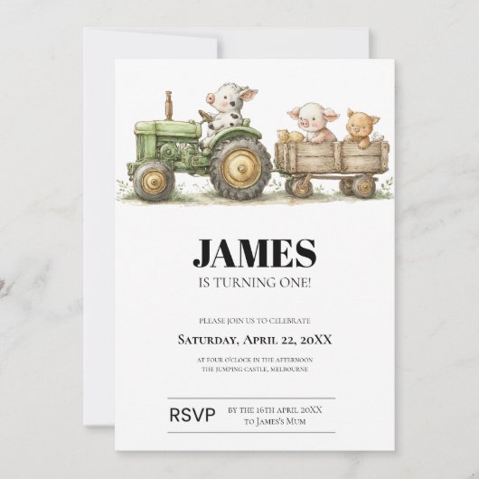 Farm Tractor Birthday Invitation | Barnyard Animal カード (正面)