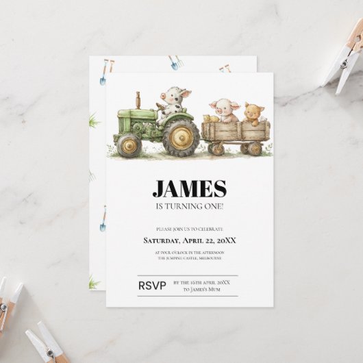 Farm Tractor Birthday Invitation | Barnyard Animal カード (正面/裏面インサイチュ)