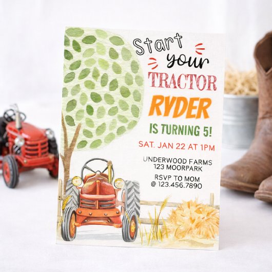 Farm Tractor Birthday Party Invitation | Red Tract 招待状