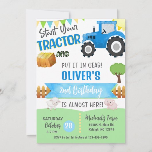 Farm tractor boy ANY AGE birthday invitation. 招待状 (正面)