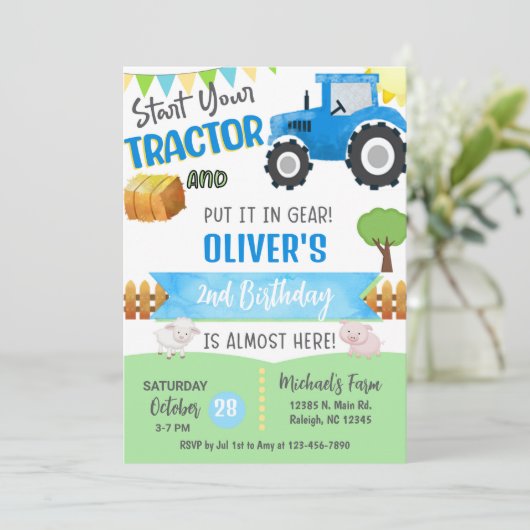 Farm tractor boy ANY AGE birthday invitation. 招待状 (スタンド正面)