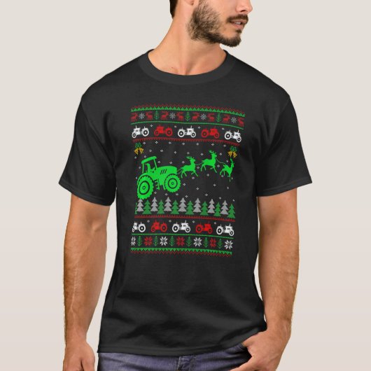 Farm Tractor Reindeer Xmas Farming Farmer Ugly Chr Tシャツ (正面)