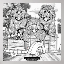 Farm truck Newfoundland Puppies with tulips ポスター