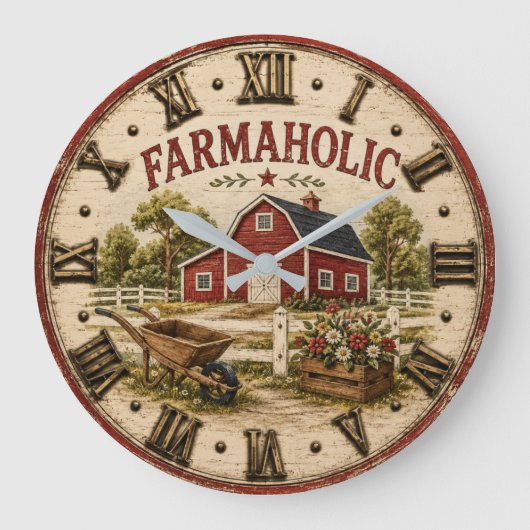 Farmaholic Rustic Red Barn ラージ壁時計 (正面)
