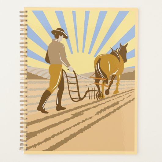 Farmer and Horse Plowing Field Retro Sunrise プランナー手帳 (正面)