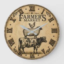 Farmer's Market Farm Animals Rustic Farmhouse ラージ壁時計