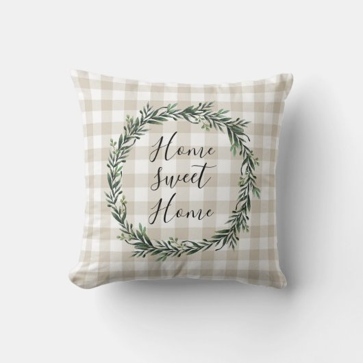 Farmhouse Beige Buffalo Plaid Home Sweet Home クッション (正面)
