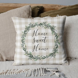 Farmhouse Beige Buffalo Plaid Home Sweet Home クッション