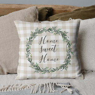 Farmhouse Beige Buffalo Plaid Home Sweet Home クッション