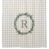 Farmhouse Beige Buffalo Plaid Wreath モノグラム シャワーカーテン (正面)