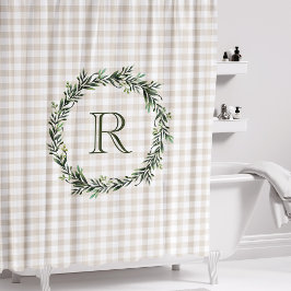 Farmhouse Beige Buffalo Plaid Wreath モノグラム シャワーカーテン