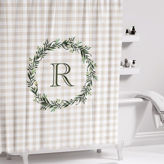Farmhouse Beige Buffalo Plaid Wreath モノグラム シャワーカーテン