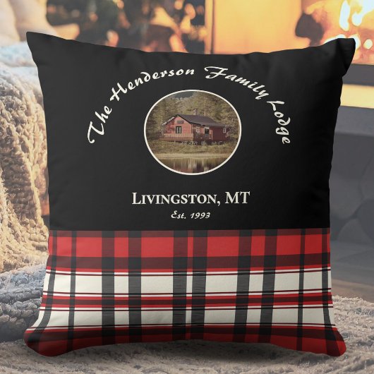 Farmhouse Black Red Buffalo Plaid Photo スクエア クッション