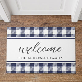 Farmhouse Blue Buffalo Plaid Family Name Welcome ドアマット