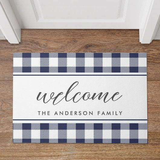 Farmhouse Blue Buffalo Plaid Family Name Welcome ドアマット