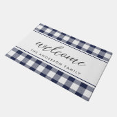 Farmhouse Blue Buffalo Plaid Family Name Welcome ドアマット (アングル)