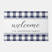 Farmhouse Blue Buffalo Plaid Family Name Welcome ドアマット (正面)