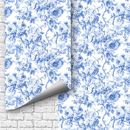 Farmhouse Blue French Toile Roses Floral Wallpaper 壁紙