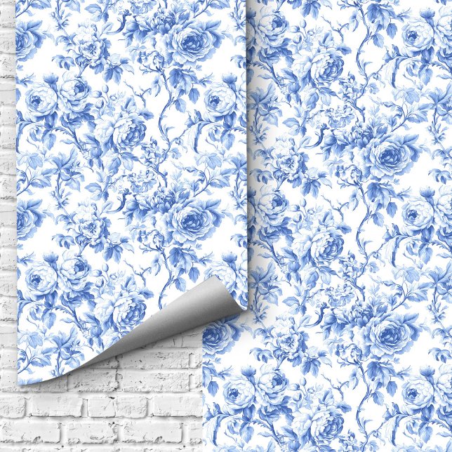 Farmhouse Blue French Toile Roses Floral Wallpaper 壁紙 (Farmhouse Blue French Toile Roses Floral Wallpaper Design)