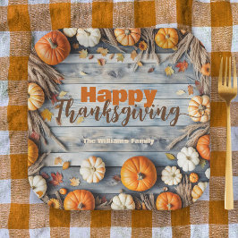 Farmhouse Blue Wood Pumpkin Thanksgiving ペーパープレート