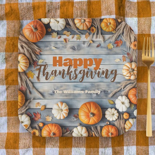 Farmhouse Blue Wood Pumpkin Thanksgiving ペーパープレート