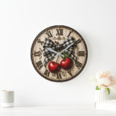 Farmhouse Cherry Rustic Buffalo Plaid Kitchen ラージ壁時計 (ホーム)