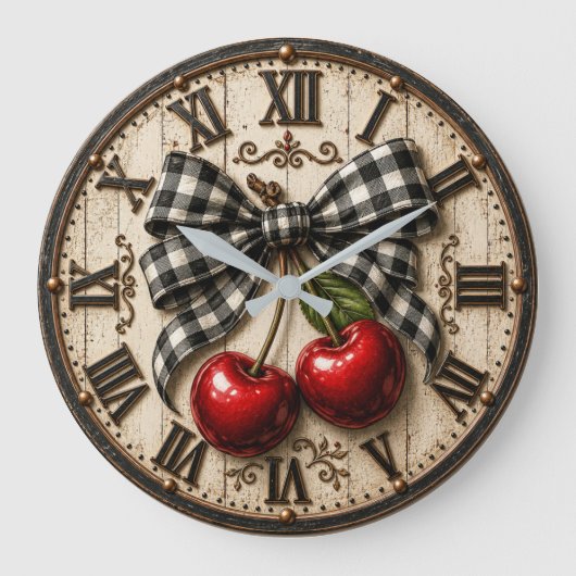 Farmhouse Cherry Rustic Buffalo Plaid Kitchen ラージ壁時計 (正面)