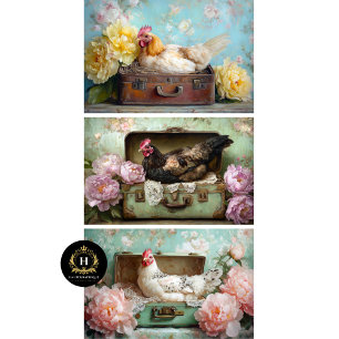 Farmhouse Chic Chicken & Peony デコパージュ ラッピングペーパーシート